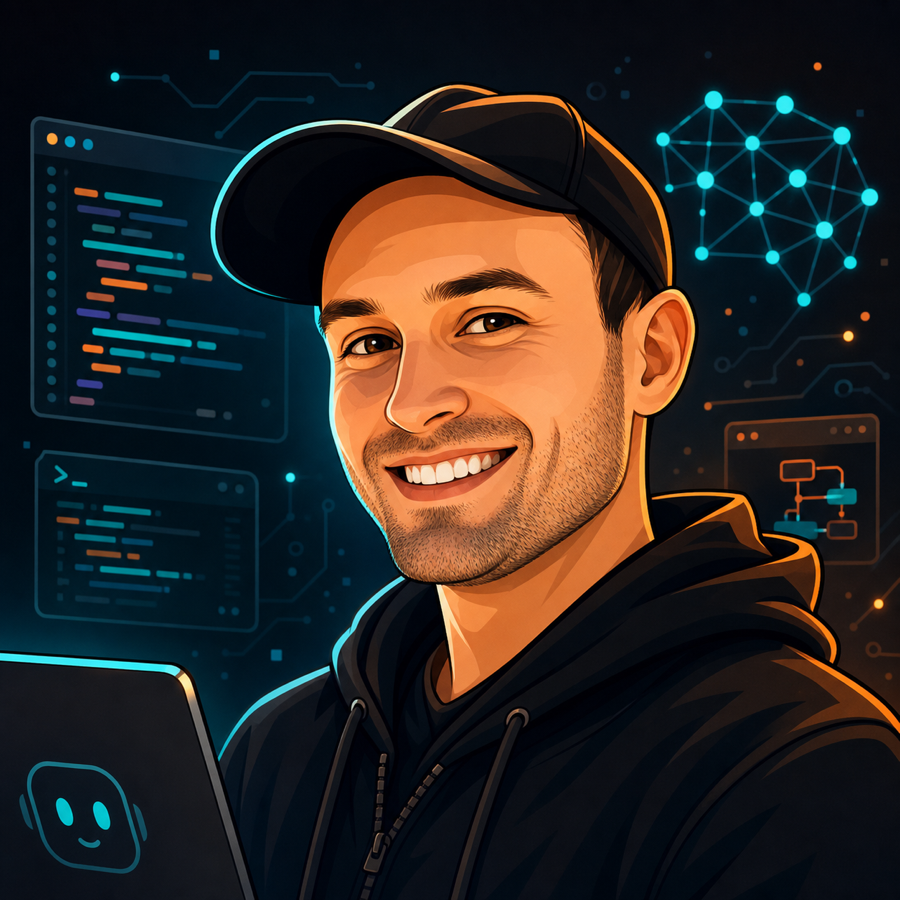Cartoon portrait of Jacob with AI and software interface elements